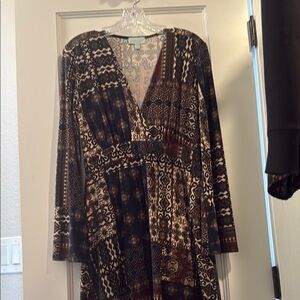 Veronica M Brown Tan V-Neck Long Sleeve faux wrap Dress